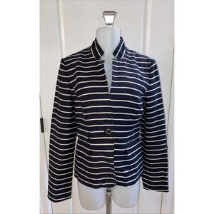 Banana Republic Size 12 Womens Blazer Navy Blue Ivory Stripe Italian Linen Blend